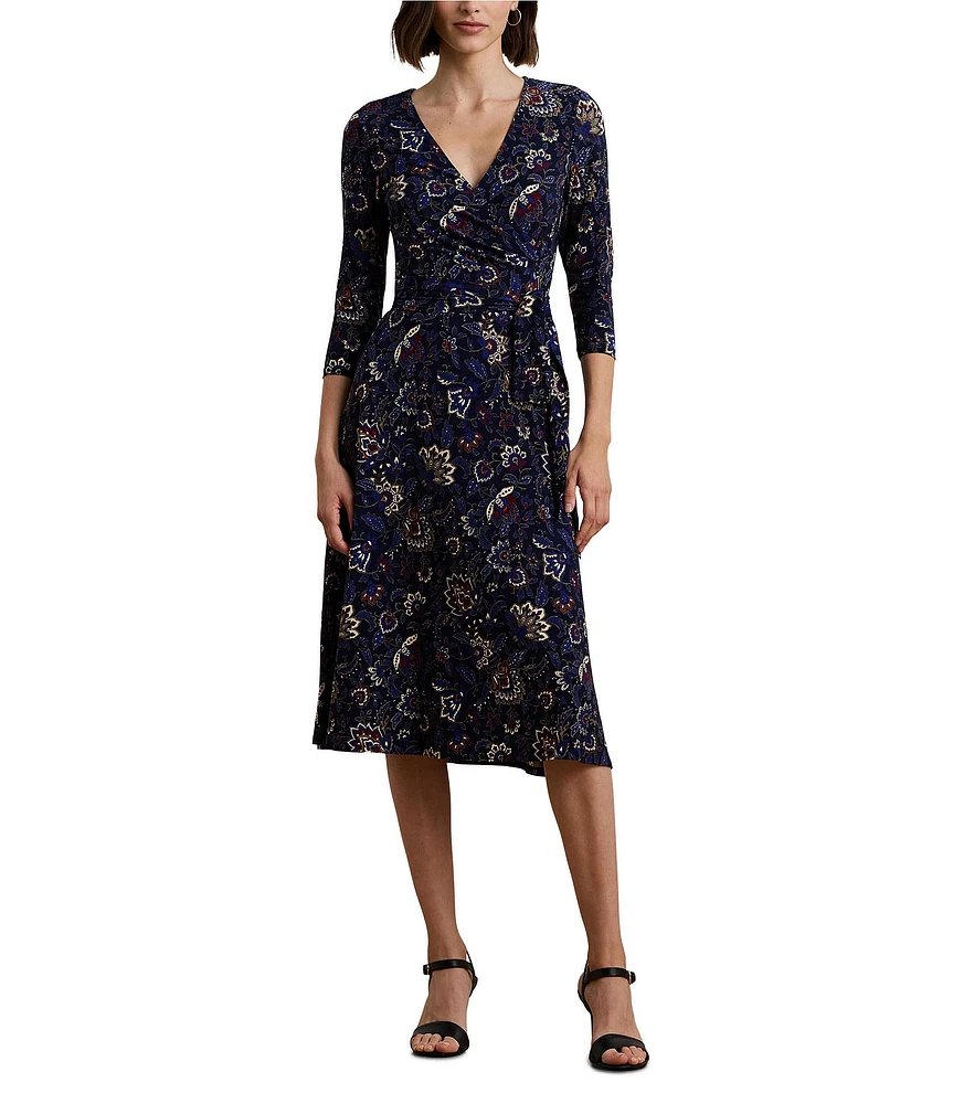 Lauren Ralph Lauren Carlyna Floral Print Matte Jersey Surplice V-Neck 3/4 Sleeve Self-Tie Belt A-Line Dress