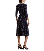 Lauren Ralph Lauren Carlyna Floral Print Matte Jersey Surplice V-Neck 3/4 Sleeve Self-Tie Belt A-Line Dress