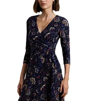 Lauren Ralph Lauren Carlyna Floral Print Matte Jersey Surplice V-Neck 3/4 Sleeve Self-Tie Belt A-Line Dress