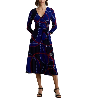 Lauren Ralph Lauren Carlyna Rope Print Stretch Jersey Surplice V-Neck 3/4 Sleeve Self-Tie Belt A-Line Dress