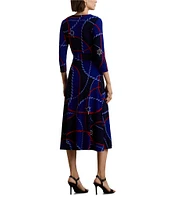 Lauren Ralph Lauren Carlyna Rope Print Stretch Jersey Surplice V-Neck 3/4 Sleeve Self-Tie Belt A-Line Dress