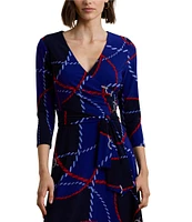 Lauren Ralph Lauren Carlyna Rope Print Stretch Jersey Surplice V-Neck 3/4 Sleeve Self-Tie Belt A-Line Dress