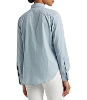 Lauren Ralph Lauren Chambray Cotton Point Collar Long Roll-Tab Sleeve Patch Pocket Button Down Shirt