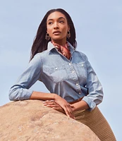 Lauren Ralph Lauren Chambray Cotton Point Collar Long Roll-Tab Sleeve Patch Pocket Button Down Shirt