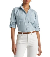 Lauren Ralph Lauren Chambray Cotton Point Collar Long Roll-Tab Sleeve Patch Pocket Button Down Shirt