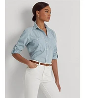 Lauren Ralph Lauren Chambray Cotton Point Collar Long Roll-Tab Sleeve Patch Pocket Button Down Shirt