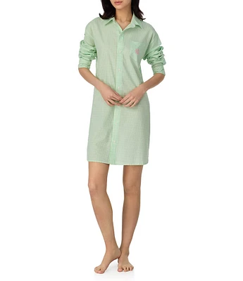 Lauren Ralph Lauren Checked Print Long Sleeve Notch Collar Woven Sleepshirt