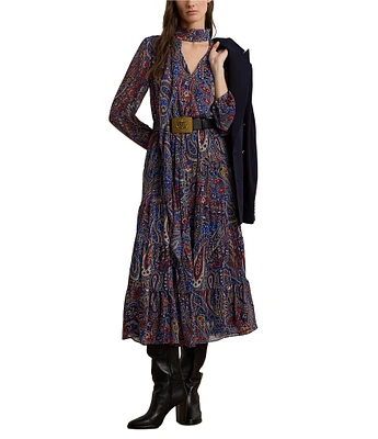 Lauren Ralph Lauren Chiffon Paisley Print V-Neck Long Blouson Sleeve Tiered A-Line Midi Dress