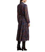 Lauren Ralph Lauren Chiffon Paisley Print V-Neck Long Blouson Sleeve Tiered A-Line Midi Dress