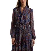 Lauren Ralph Lauren Chiffon Paisley Print V-Neck Long Blouson Sleeve Tiered A-Line Midi Dress