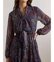 Lauren Ralph Lauren Chiffon Paisley Print V-Neck Long Blouson Sleeve Tiered A-Line Midi Dress