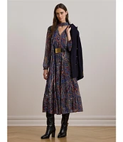 Lauren Ralph Lauren Chiffon Paisley Print V-Neck Long Blouson Sleeve Tiered A-Line Midi Dress