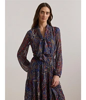 Lauren Ralph Lauren Chiffon Paisley Print V-Neck Long Blouson Sleeve Tiered A-Line Midi Dress