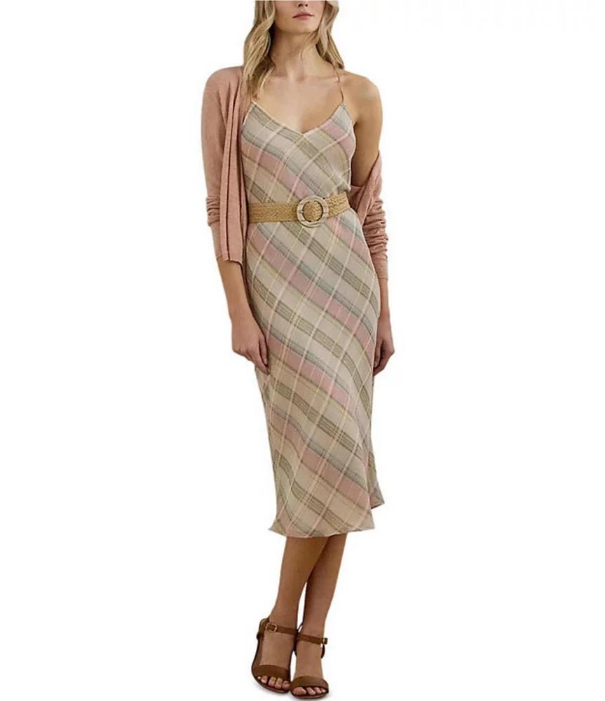 Lauren Ralph Lauren Chiffon Plaid V-Neck Sleeveless Slip Midi Dress
