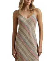 Lauren Ralph Lauren Chiffon Plaid V-Neck Sleeveless Slip Midi Dress