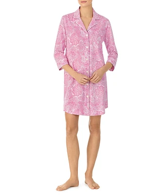 Lauren Ralph Lauren Classic Notch Collar 3/4 Sleeve Button-Front Paisley Print Nightshirt