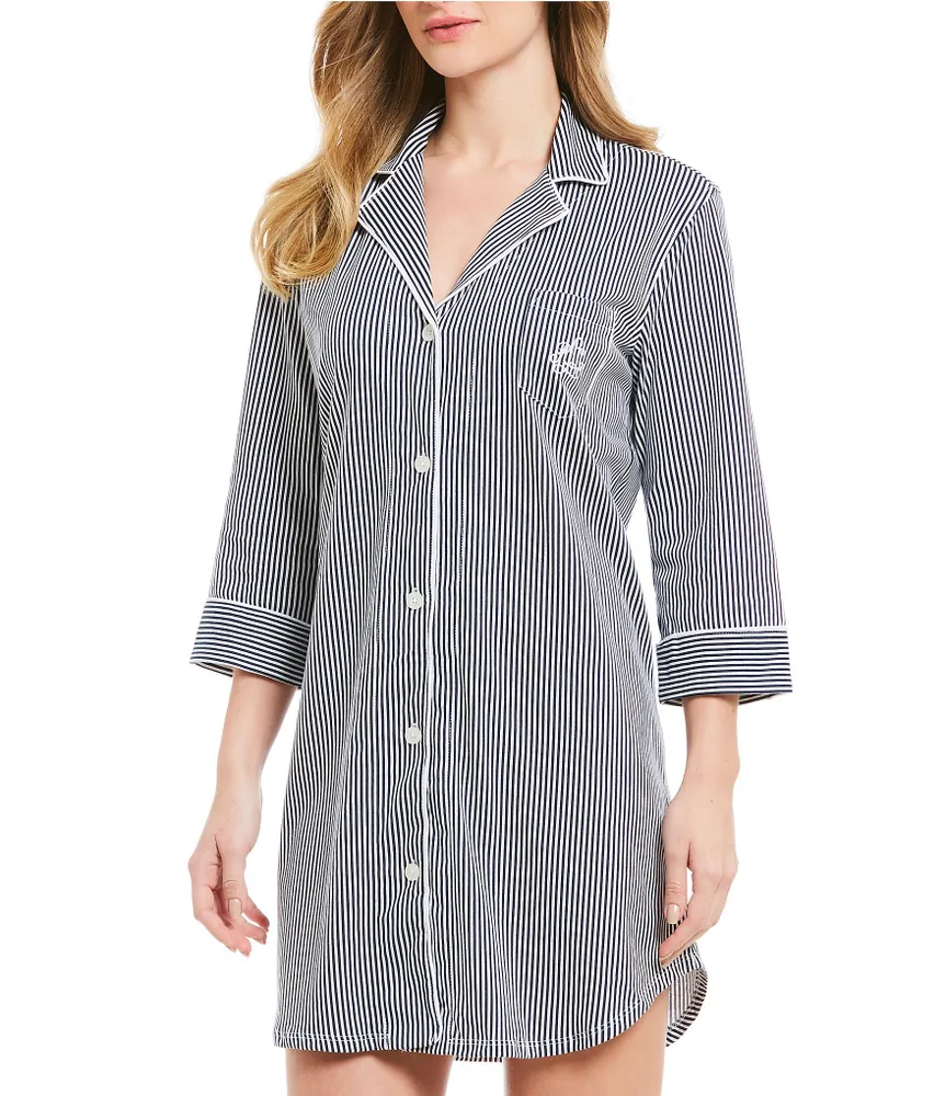 Lauren Ralph Lauren Classic Notch Collar 3/4 Sleeve Striped Cotton Nightshirt