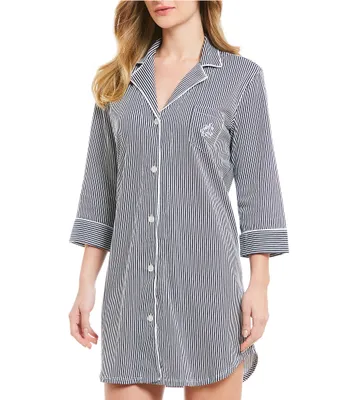 Lauren Ralph Lauren Classic Notch Collar 3/4 Sleeve Striped Cotton Nightshirt