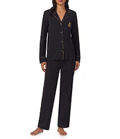 Lauren Ralph Lauren Contrast Trim Long Sleeve Notch Collar Full Length Knit Pajama Set