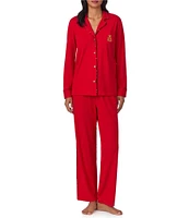 Lauren Ralph Lauren Contrast Trim Long Sleeve Notch Collar Full Length Knit Pajama Set