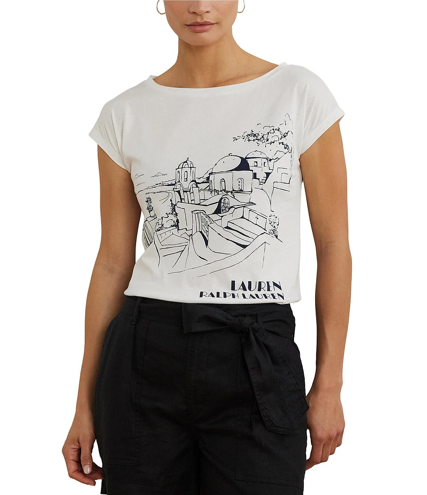 Lauren Ralph Lauren Cotton Blend Jersey Boat Neck Short Sleeve Graphic T-Shirt