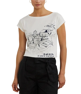 Lauren Ralph Lauren Cotton Blend Jersey Boat Neck Short Sleeve Graphic T-Shirt