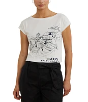 Lauren Ralph Lauren Cotton Blend Jersey Boat Neck Short Sleeve Graphic T-Shirt