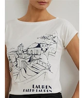 Lauren Ralph Lauren Cotton Blend Jersey Boat Neck Short Sleeve Graphic T-Shirt