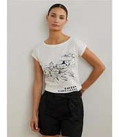 Lauren Ralph Lauren Cotton Blend Jersey Boat Neck Short Sleeve Graphic T-Shirt