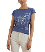 Lauren Ralph Lauren Cotton Blend Jersey Boat Neck Short Sleeve Graphic T-Shirt