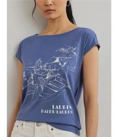 Lauren Ralph Lauren Cotton Blend Jersey Boat Neck Short Sleeve Graphic T-Shirt
