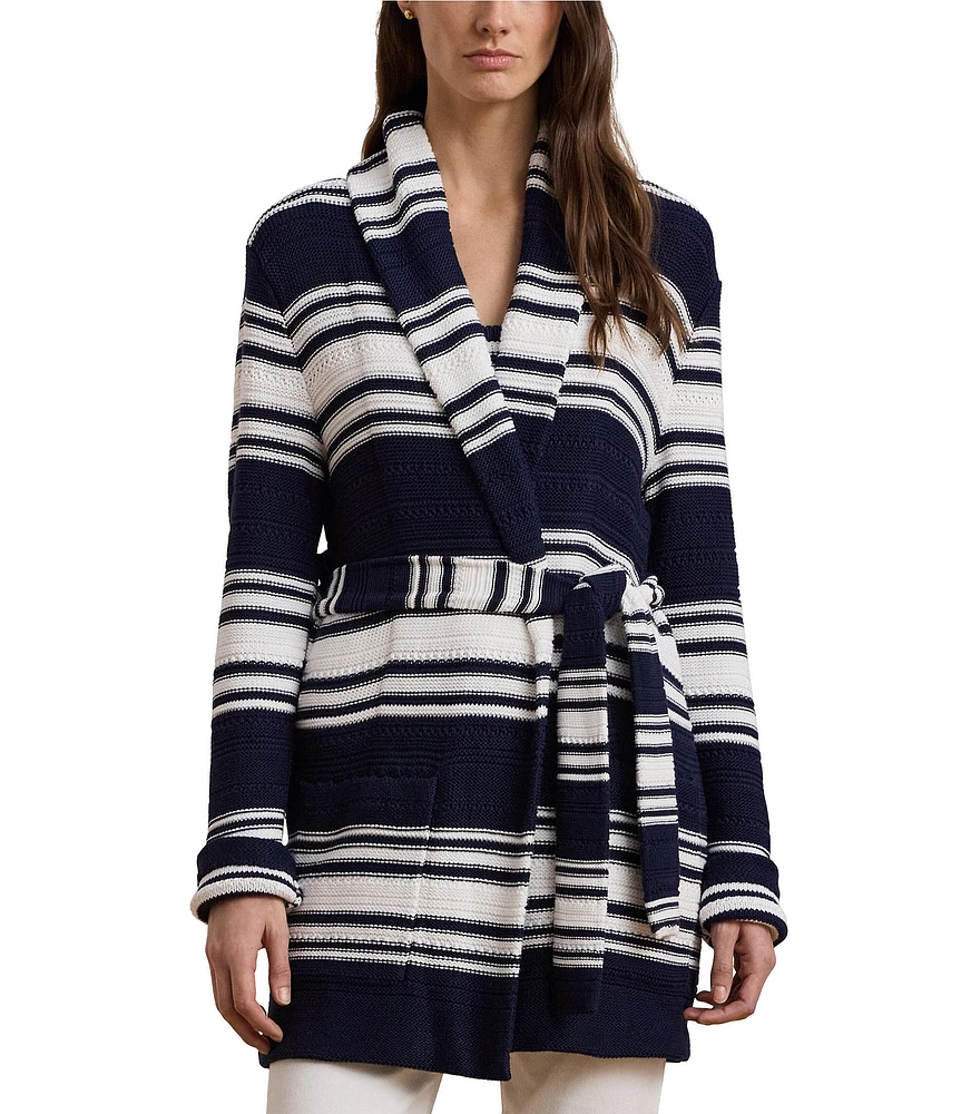 Lauren Ralph Lauren Cotton-Blend Stripe Shawl Collar Long Sleeve Belted Cardigan