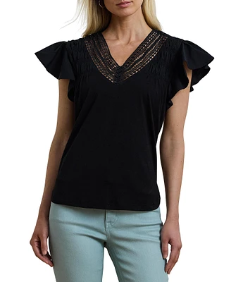 Lauren Ralph Lauren Cotton Blend V-Neck Lace Trim Tee