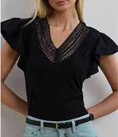 Lauren Ralph Lauren Cotton Blend V-Neck Lace Trim Tee