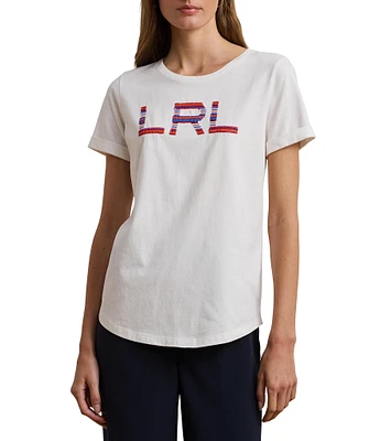 Lauren Ralph Lauren Cotton Jersey Beaded Logo Crew Neck Short Sleeve Tee