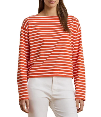 Lauren Ralph Lauren Cotton Jersey Stripe Boat Neck Long Sleeve Top