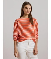 Lauren Ralph Lauren Cotton Jersey Stripe Boat Neck Long Sleeve Top