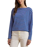 Lauren Ralph Lauren Cotton Jersey Stripe Boat Neck Long Sleeve Top