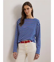 Lauren Ralph Lauren Cotton Jersey Stripe Boat Neck Long Sleeve Top