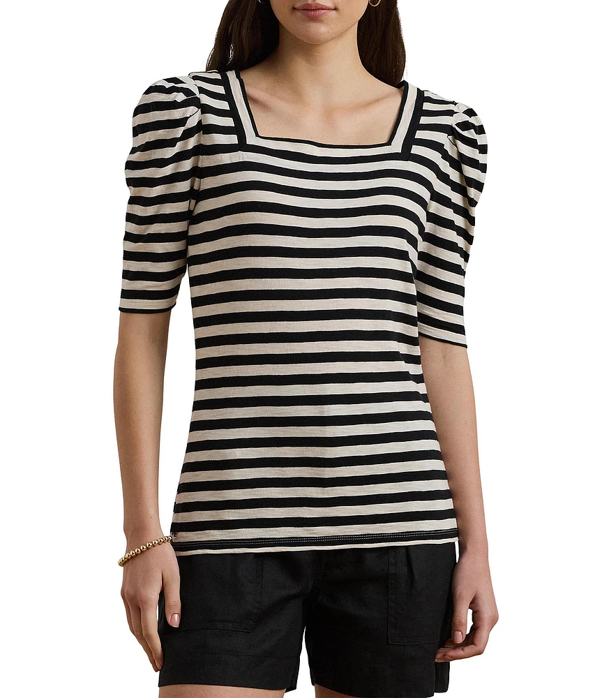 Lauren Ralph Lauren Cotton Jersey Striped Square Neck Puff Sleeve Tee