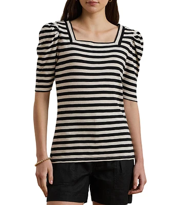 Lauren Ralph Lauren Cotton Jersey Striped Square Neck Puff Sleeve Tee