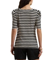 Lauren Ralph Lauren Cotton Jersey Striped Square Neck Puff Sleeve Tee
