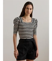Lauren Ralph Lauren Cotton Jersey Striped Square Neck Puff Sleeve Tee