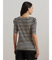Lauren Ralph Lauren Cotton Jersey Striped Square Neck Puff Sleeve Tee