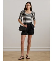 Lauren Ralph Lauren Cotton Jersey Striped Square Neck Puff Sleeve Tee