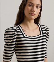 Lauren Ralph Lauren Cotton Jersey Striped Square Neck Puff Sleeve Tee