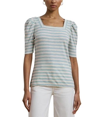 Lauren Ralph Lauren Cotton Jersey Striped Square Neck Short Puff Sleeve Top