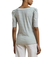 Lauren Ralph Lauren Cotton Jersey Striped Square Neck Short Puff Sleeve Top