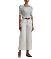 Lauren Ralph Lauren Cotton Jersey Striped Square Neck Short Puff Sleeve Top