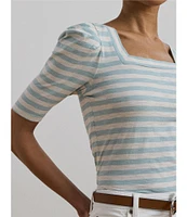 Lauren Ralph Lauren Cotton Jersey Striped Square Neck Short Puff Sleeve Top